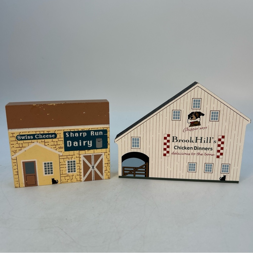 2-The Cats Meow Wooden Village Signed (Brook Hills Chicken Dinner,Dairy) Amish